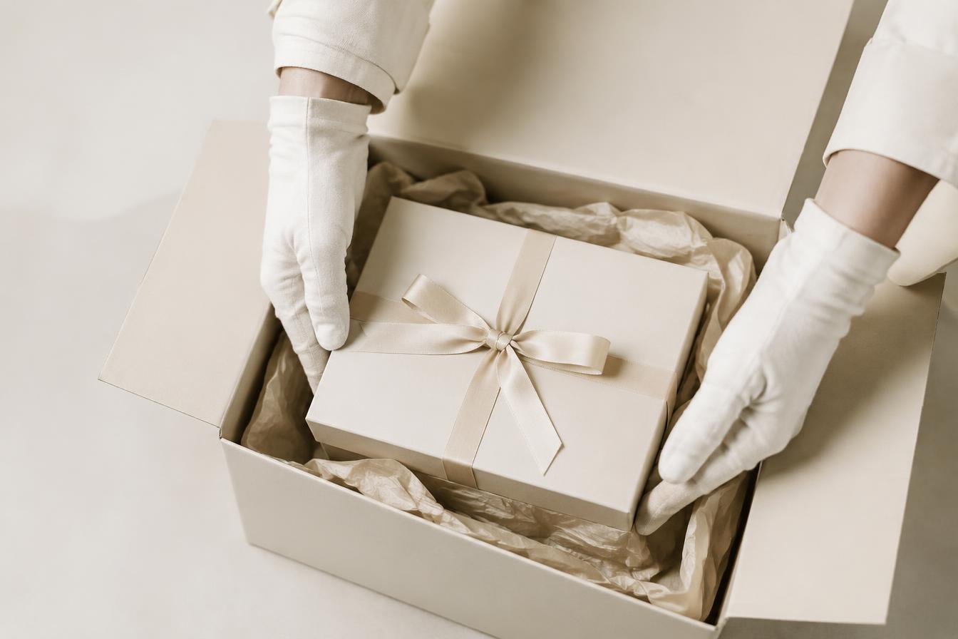 Gloved hands placing a boutique box into a protective outer box
